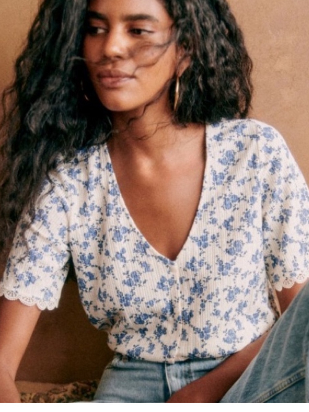 Sezane White V-Neck Button Floral Blouse with Blue Print